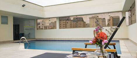 Outdoor pool, pool loungers