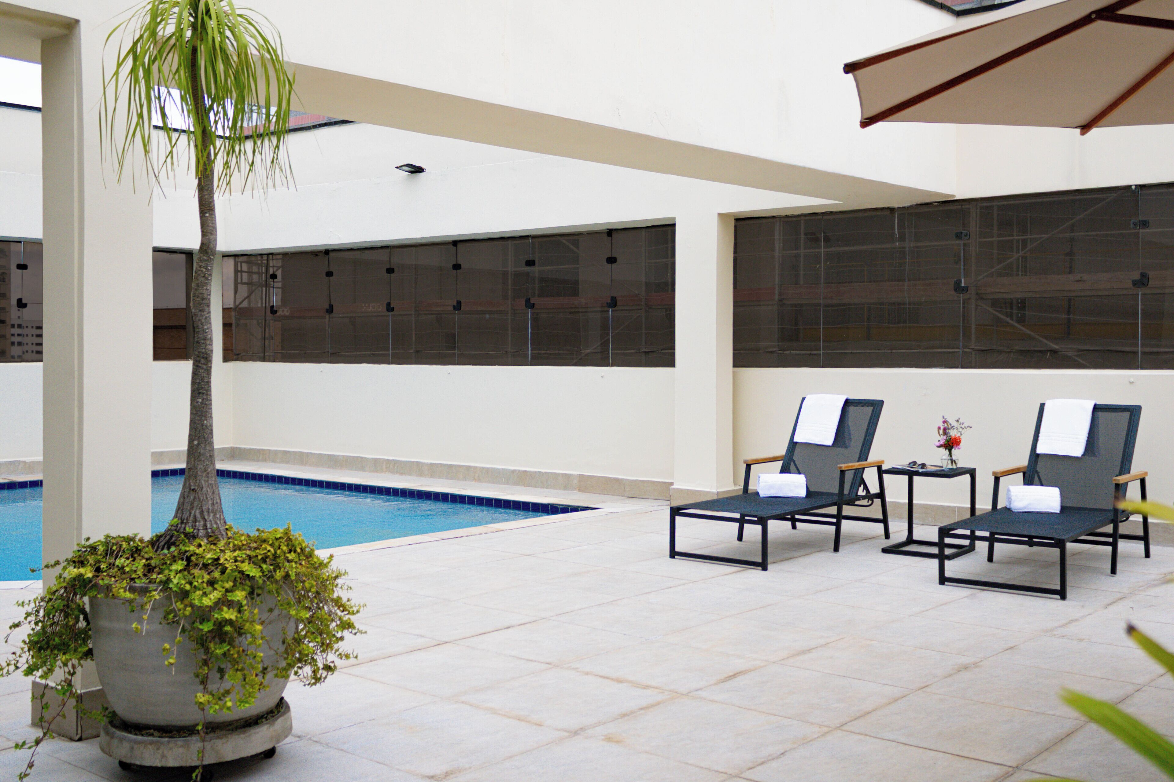 outdoor pool, pool loungers