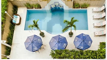 Outdoor pool, pool umbrellas, pool loungers