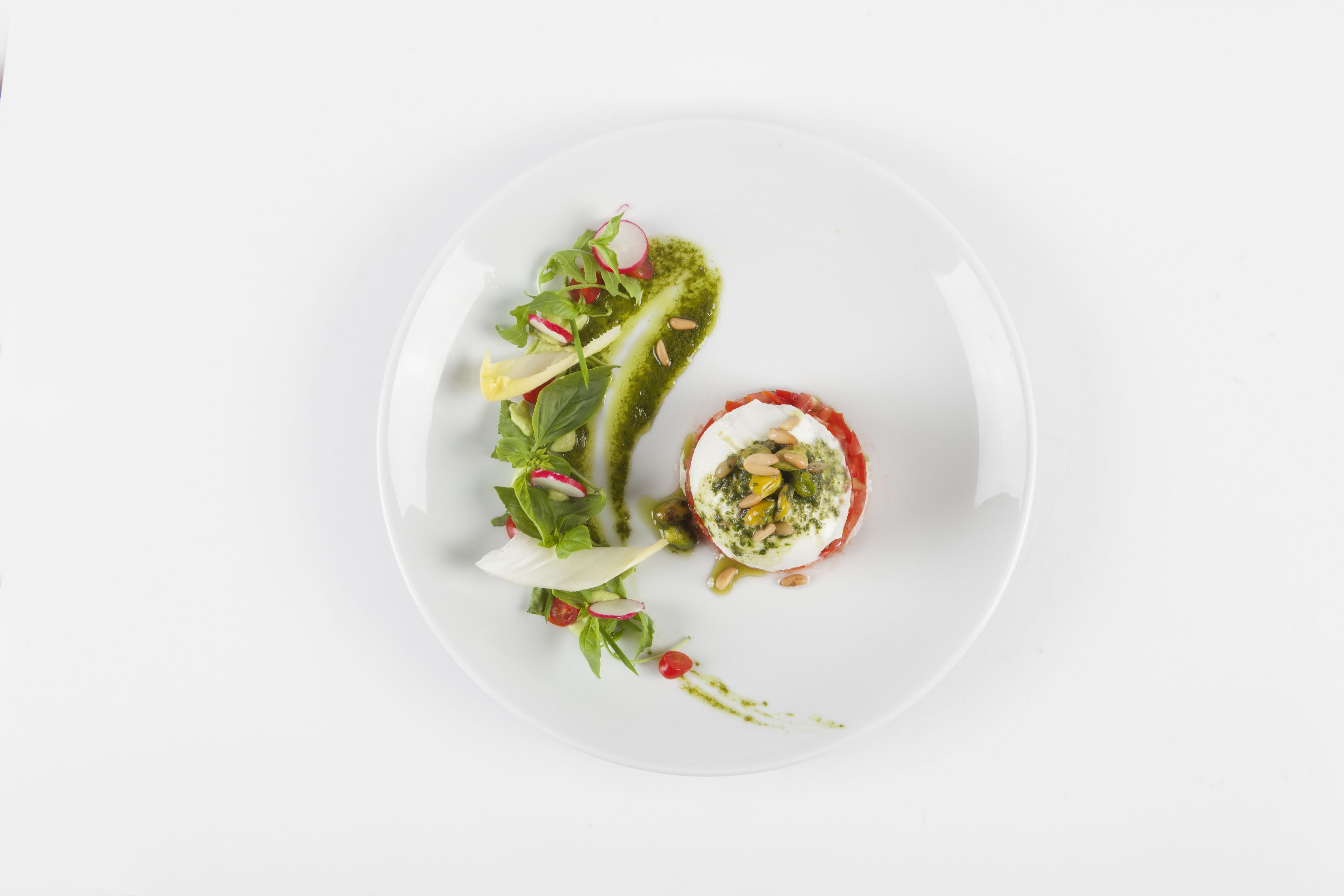 A white plate with a salad, a dollop of sauce, and a small round item.