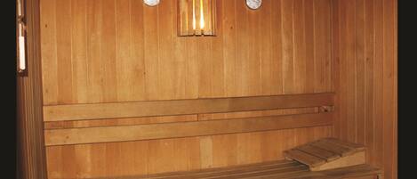 A wooden sauna with benches and a bench seat.