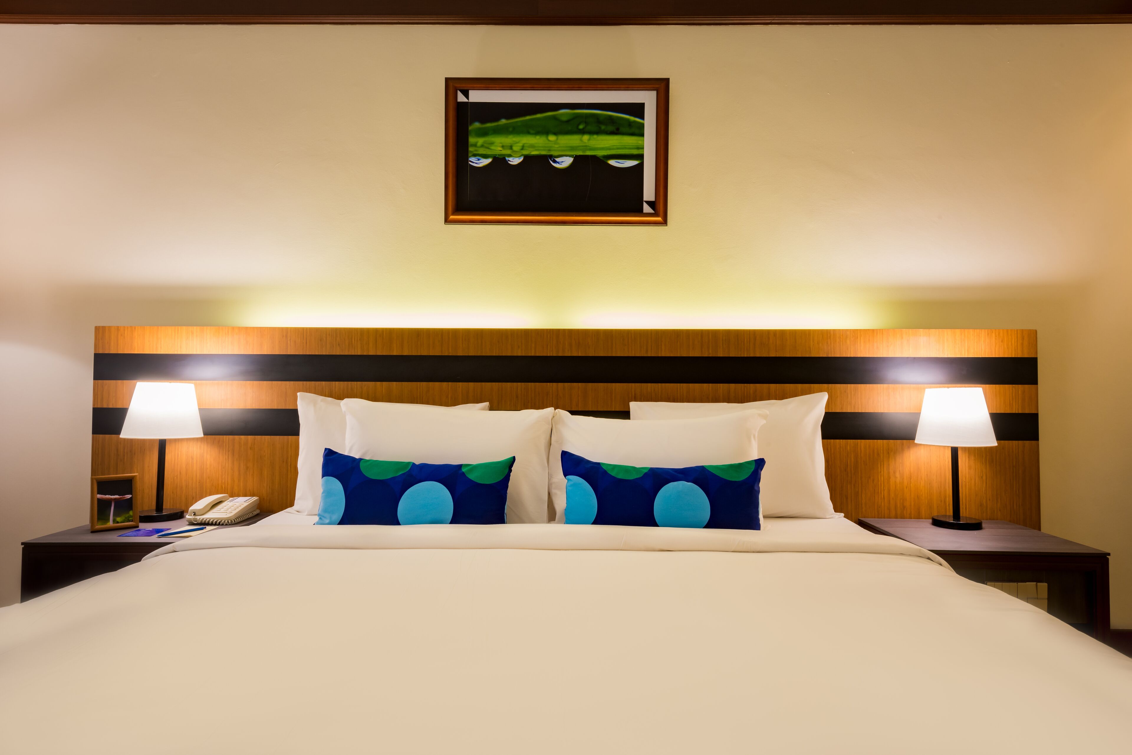 A hotel room with a large bed, two bedside tables, a nightstand, a lamp, and a framed picture on the wall.