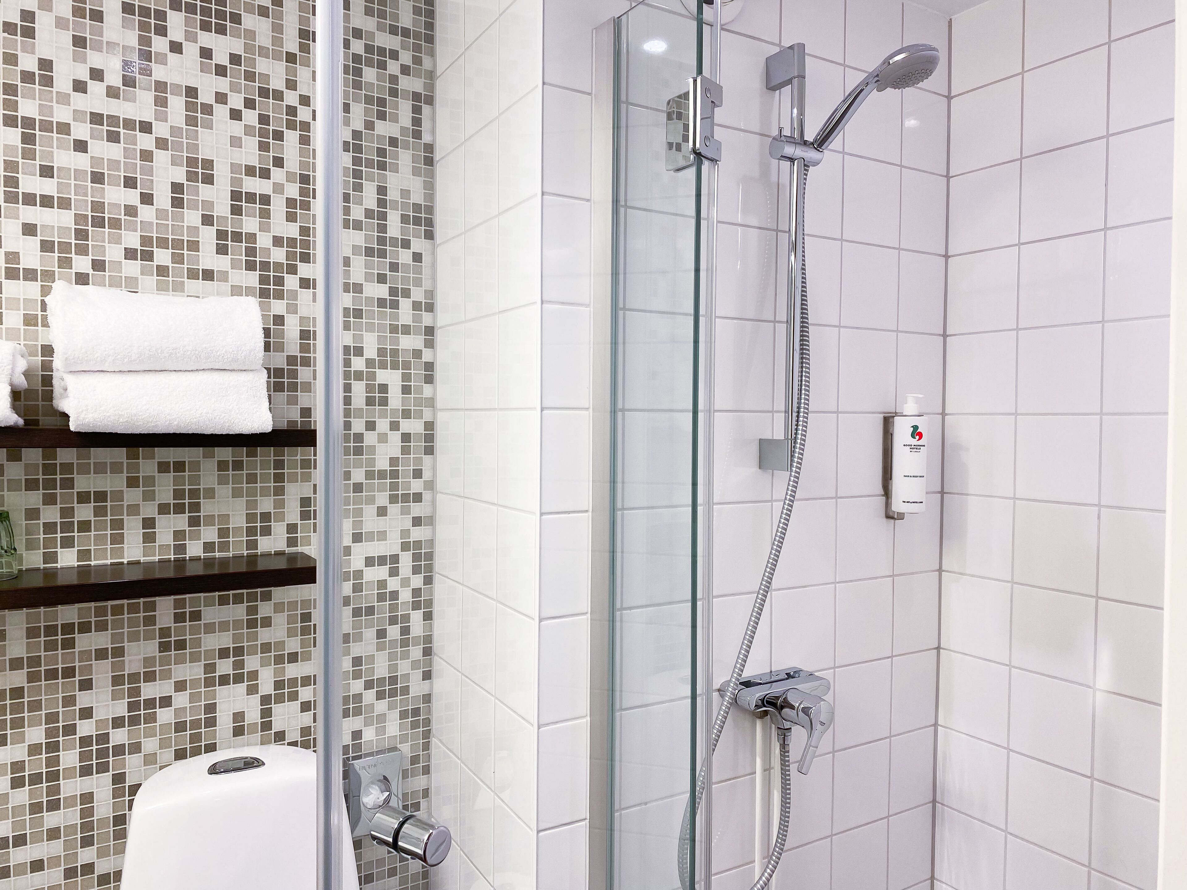 good morning twin room plus | bathroom | shower, eco-friendly toiletries, towels