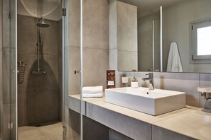 Designer toiletries, hair dryer, soap, shampoo