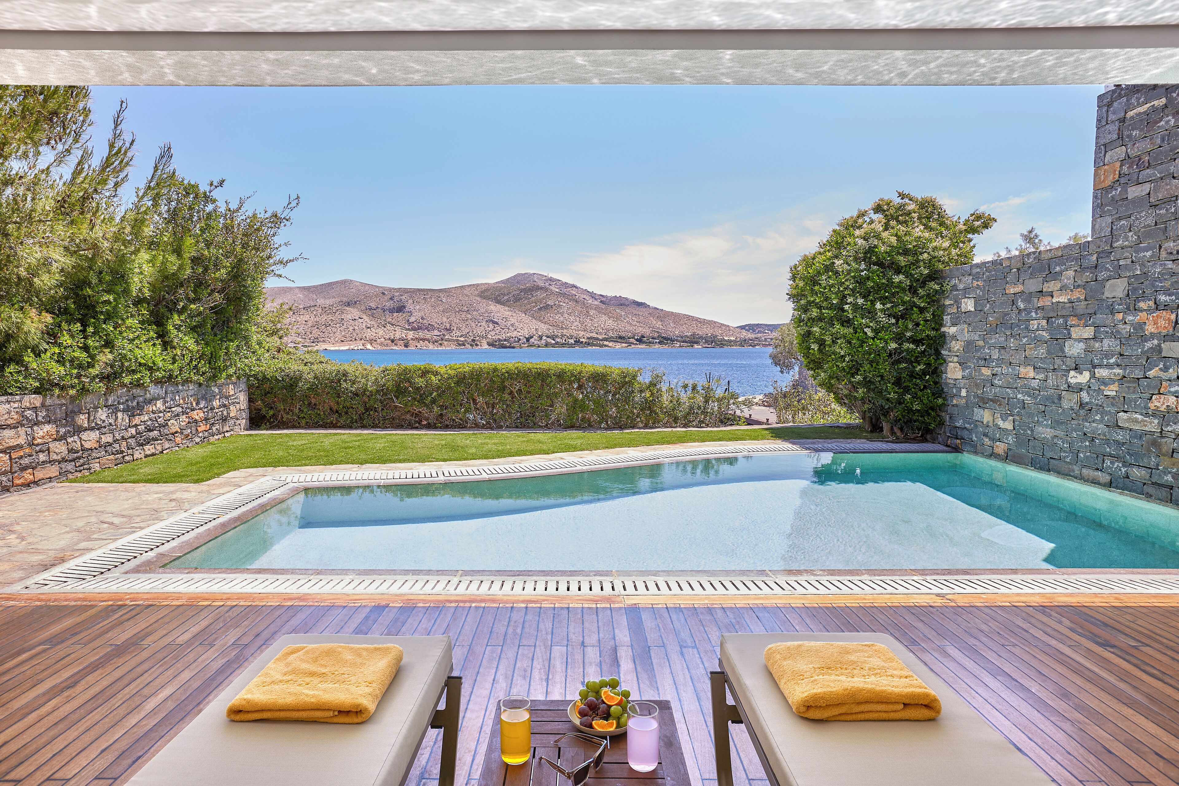 Outdoor pool, pool umbrellas, pool loungers