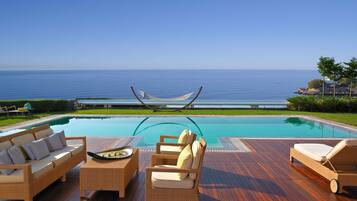 Outdoor pool, pool umbrellas, pool loungers