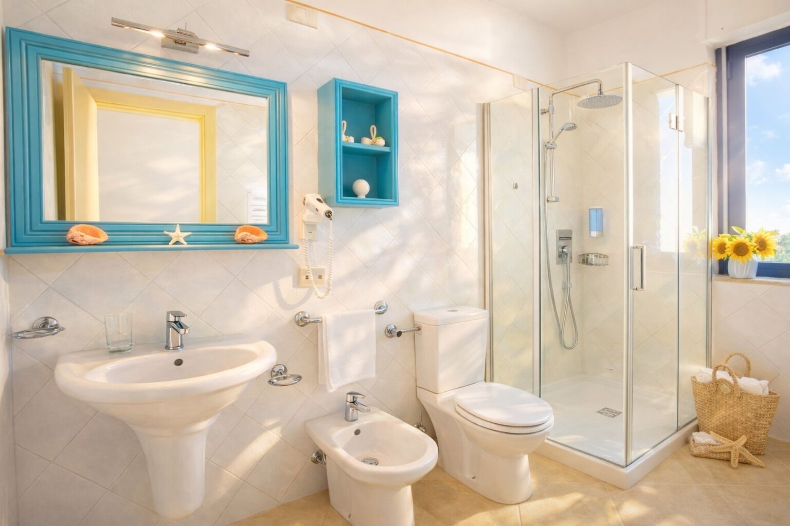 Un baño moderno con ducha de vidrio, lavamanos doble, inodoro y tocador con espejo.