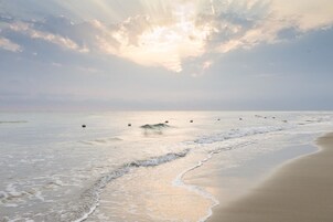 Private beach, white sand, sun loungers, beach umbrellas