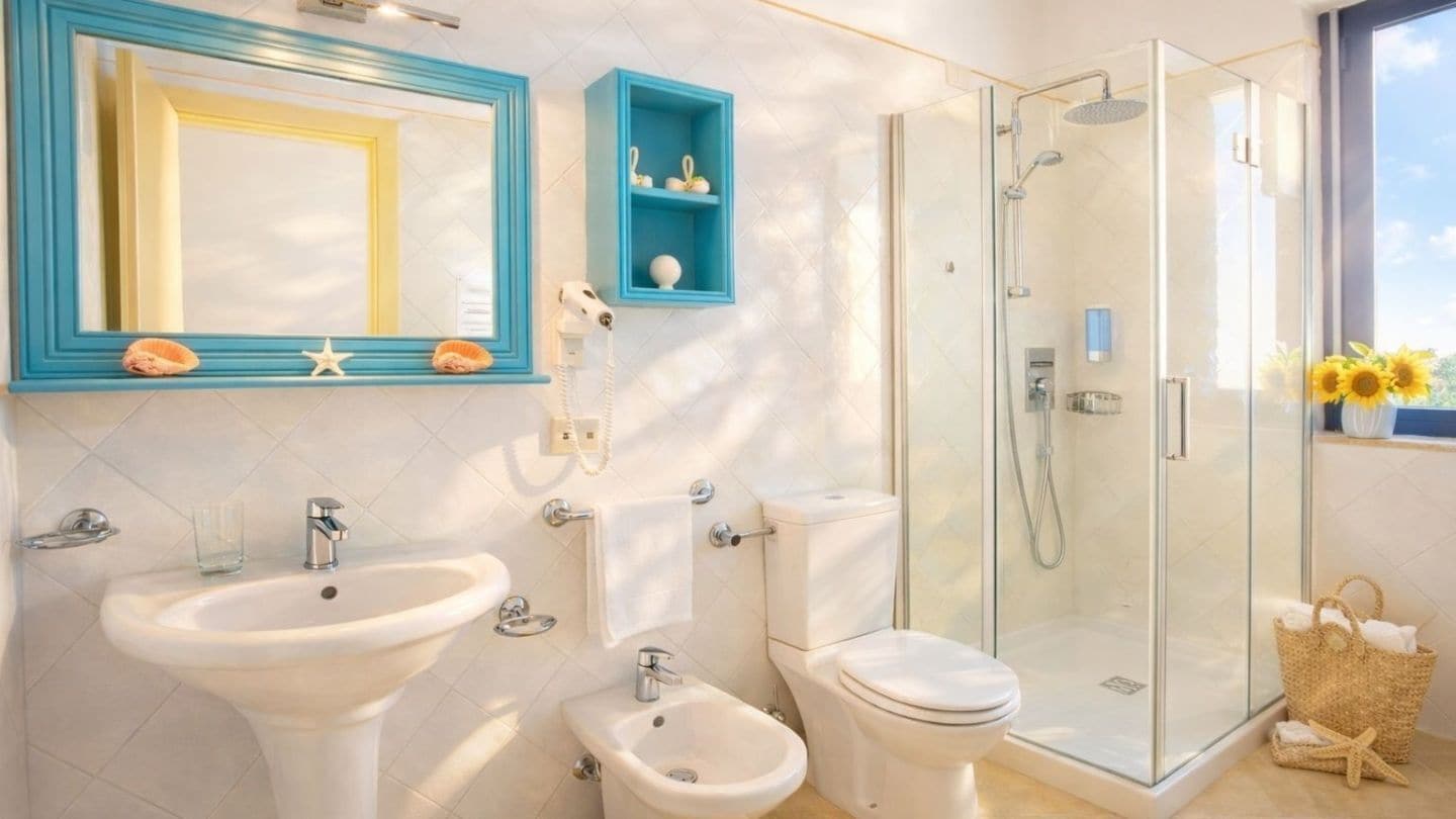 A bathroom with a sink, bidet, toilet, and glass-enclosed shower.