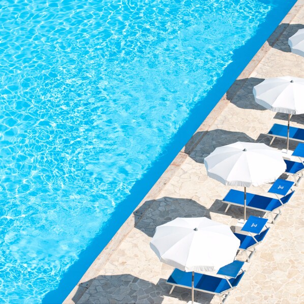 Seasonal outdoor pool, pool umbrellas, pool loungers