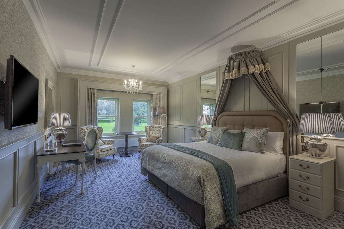 A bedroom with a large bed, bedside tables, a TV, a chandelier, and a view of the outdoors.