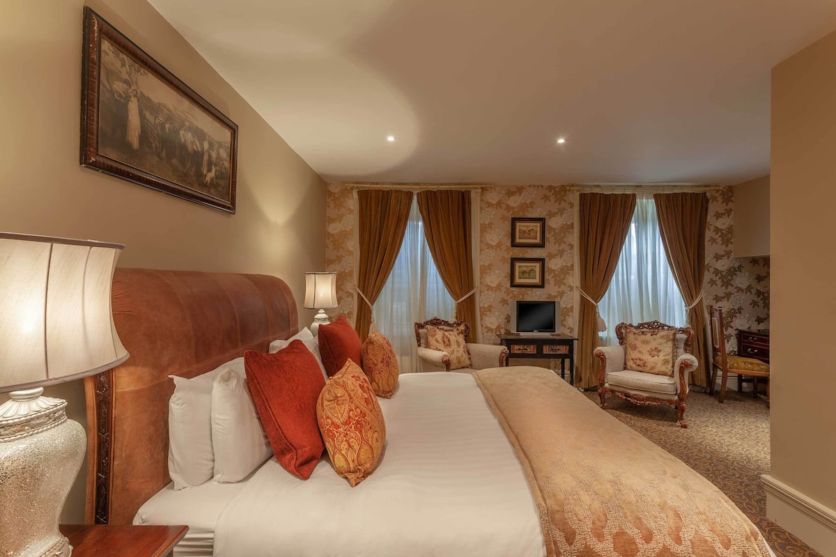 A hotel room with a large bed, two chairs, a TV, and a desk.