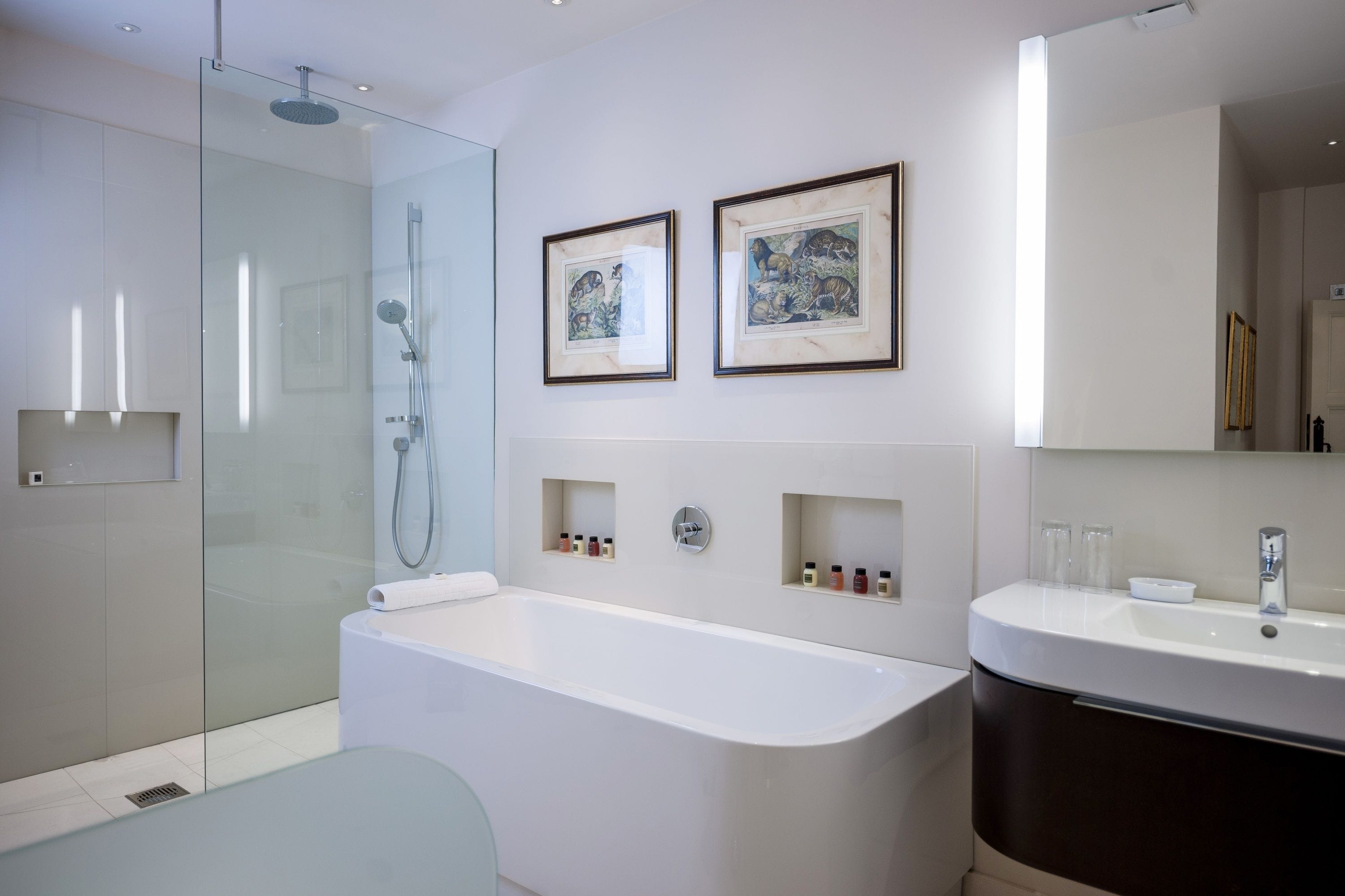deluxe room | bathroom | combined shower/bathtub, designer toiletries, hair dryer, bathrobes