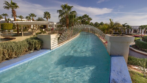 A curved water slide in a resort area with palm trees and a clear sky.