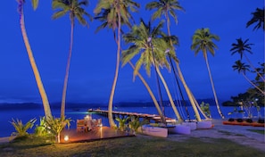 Private beach, white sand, free beach cabanas, sun-loungers