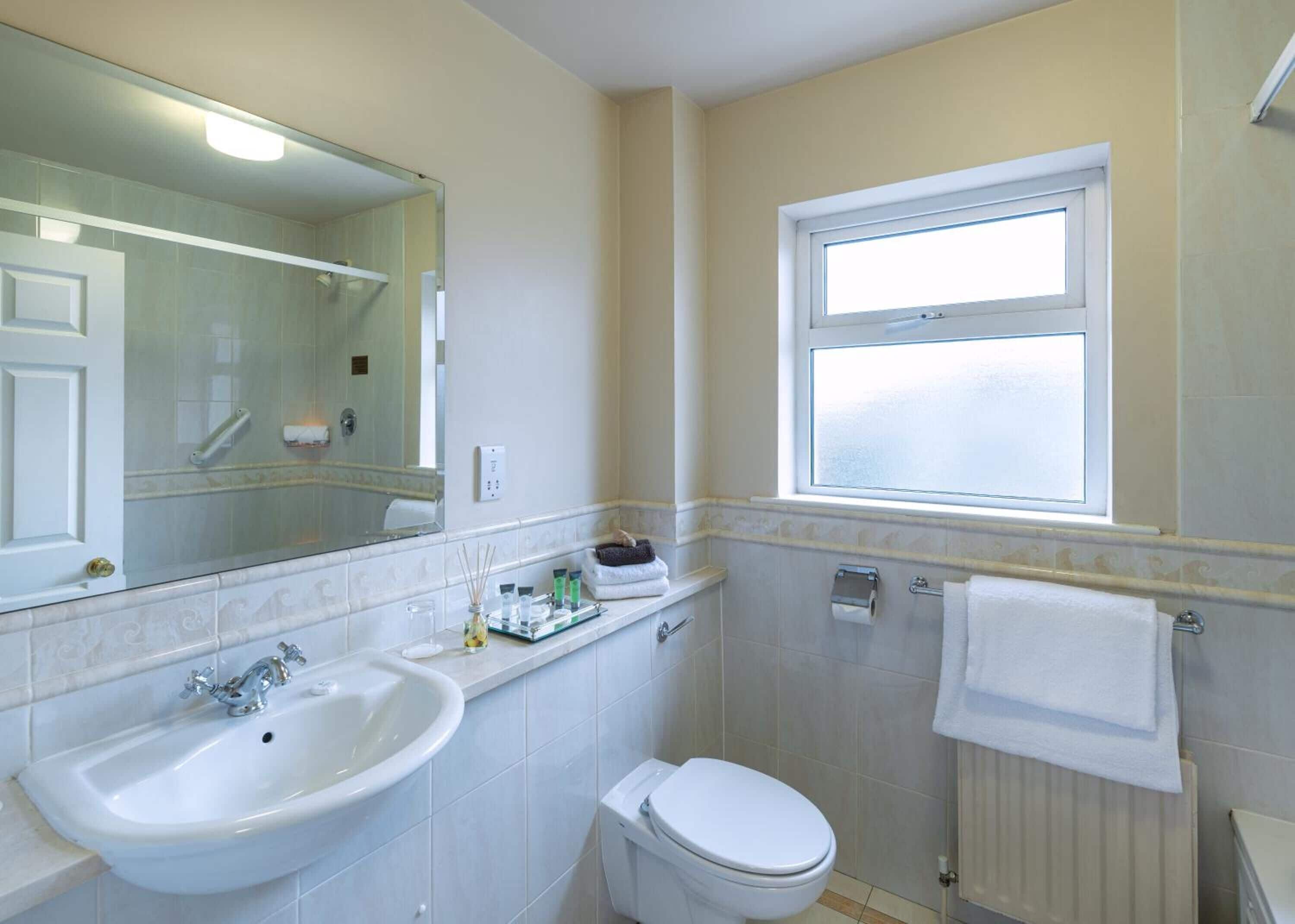 A bathroom with a sink, mirror, toilet, and window.