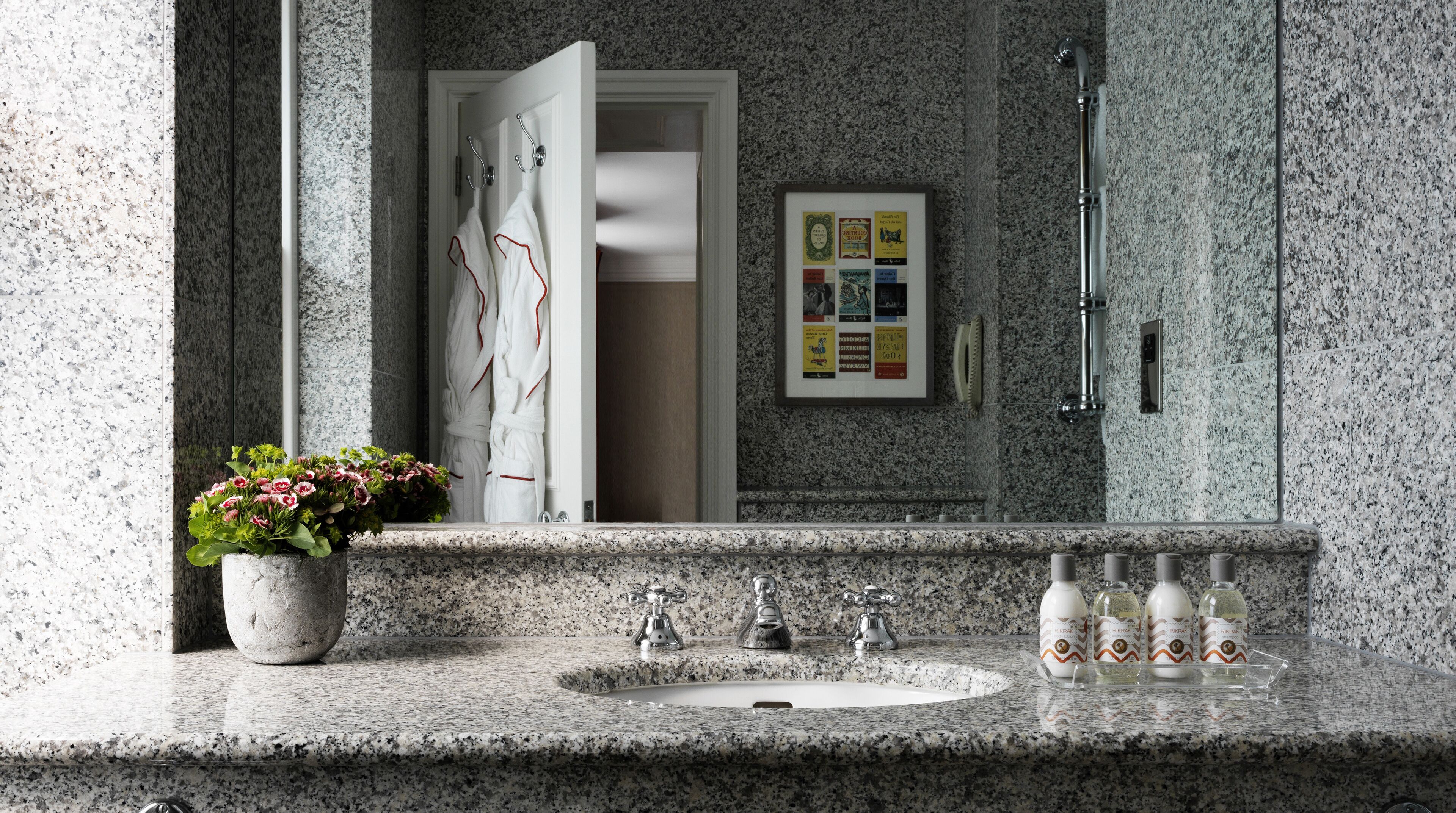 shower, designer toiletries, hair dryer, bathrobes