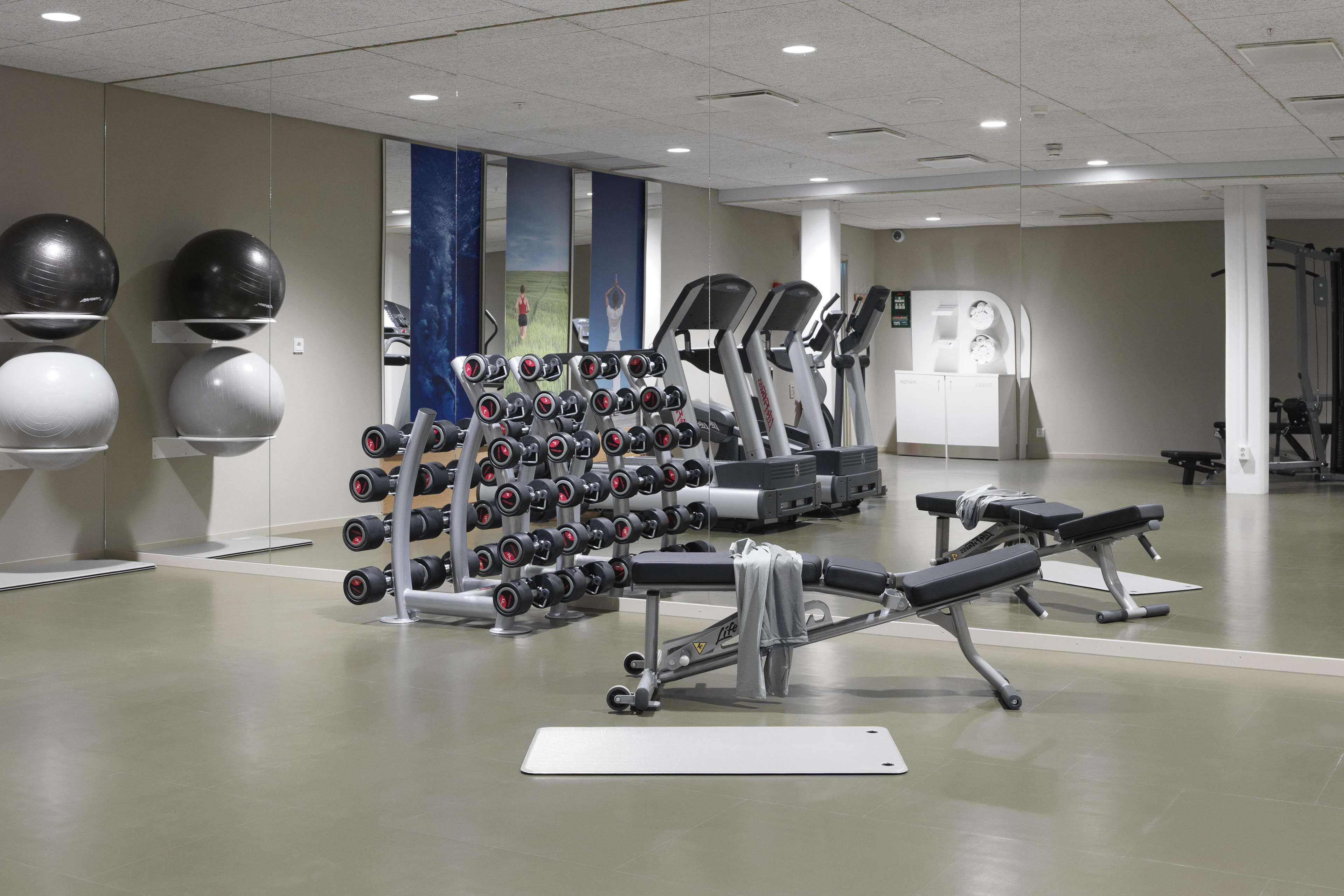 A gym with exercise equipment, including treadmills, dumbbells, and a bench.