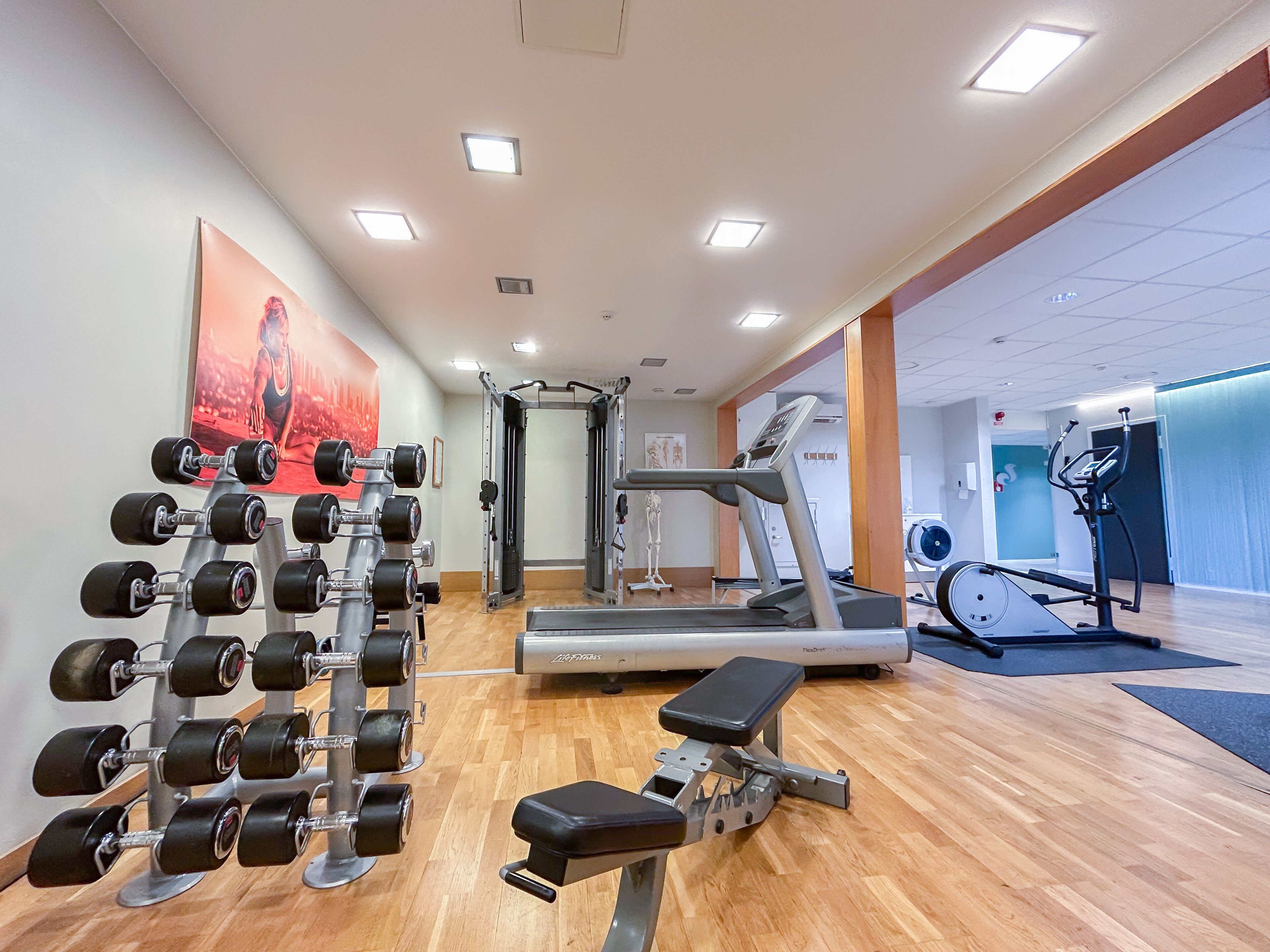 A gym with weightlifting equipment, treadmills, and exercise bikes.