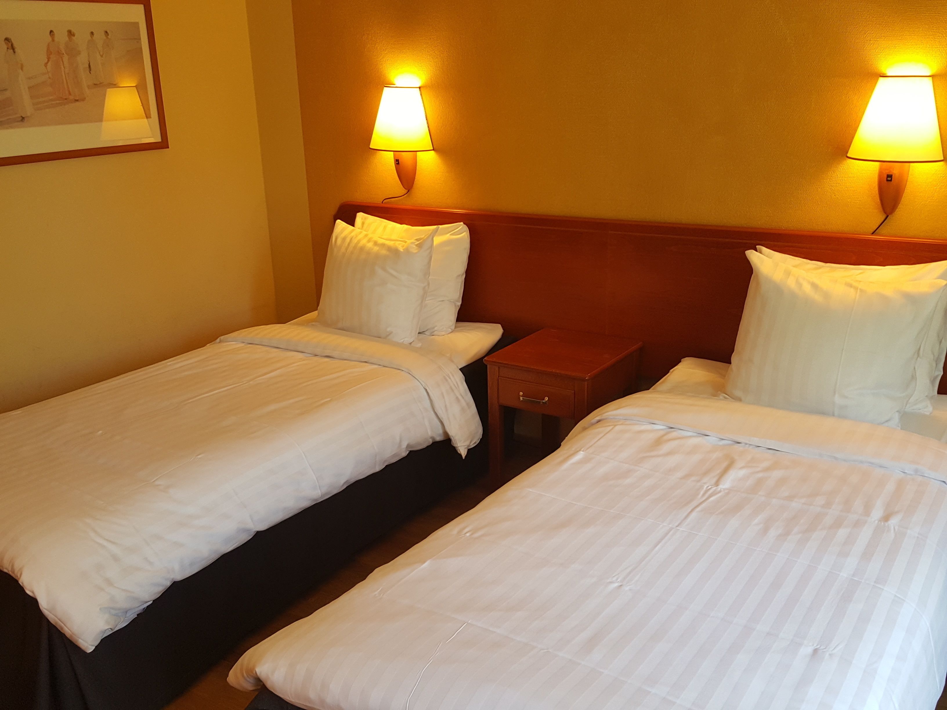 Een hotelkamer met twee eenpersoonsbedden, elk voorzien van witte lakens, een houten hoofdbord en een nachtkastje met een lamp.