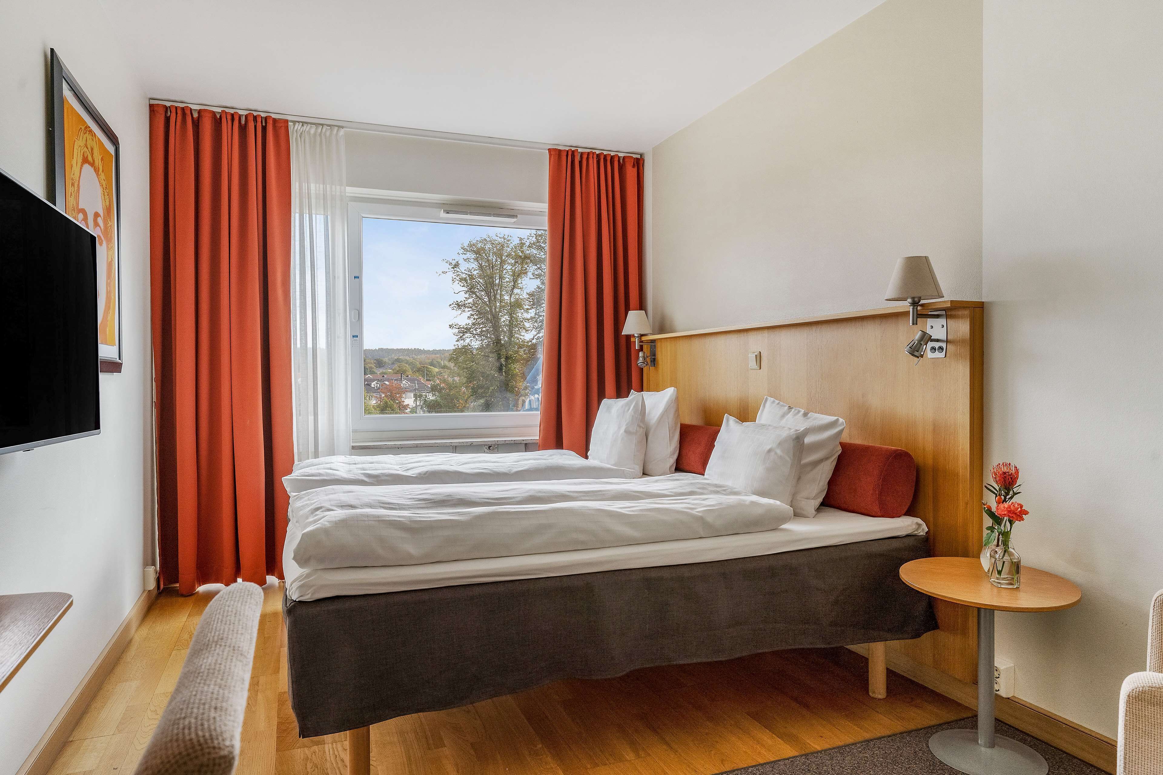 A hotel room with a bed, a bedside table with a lamp, a window with curtains, and a view of the outside.
