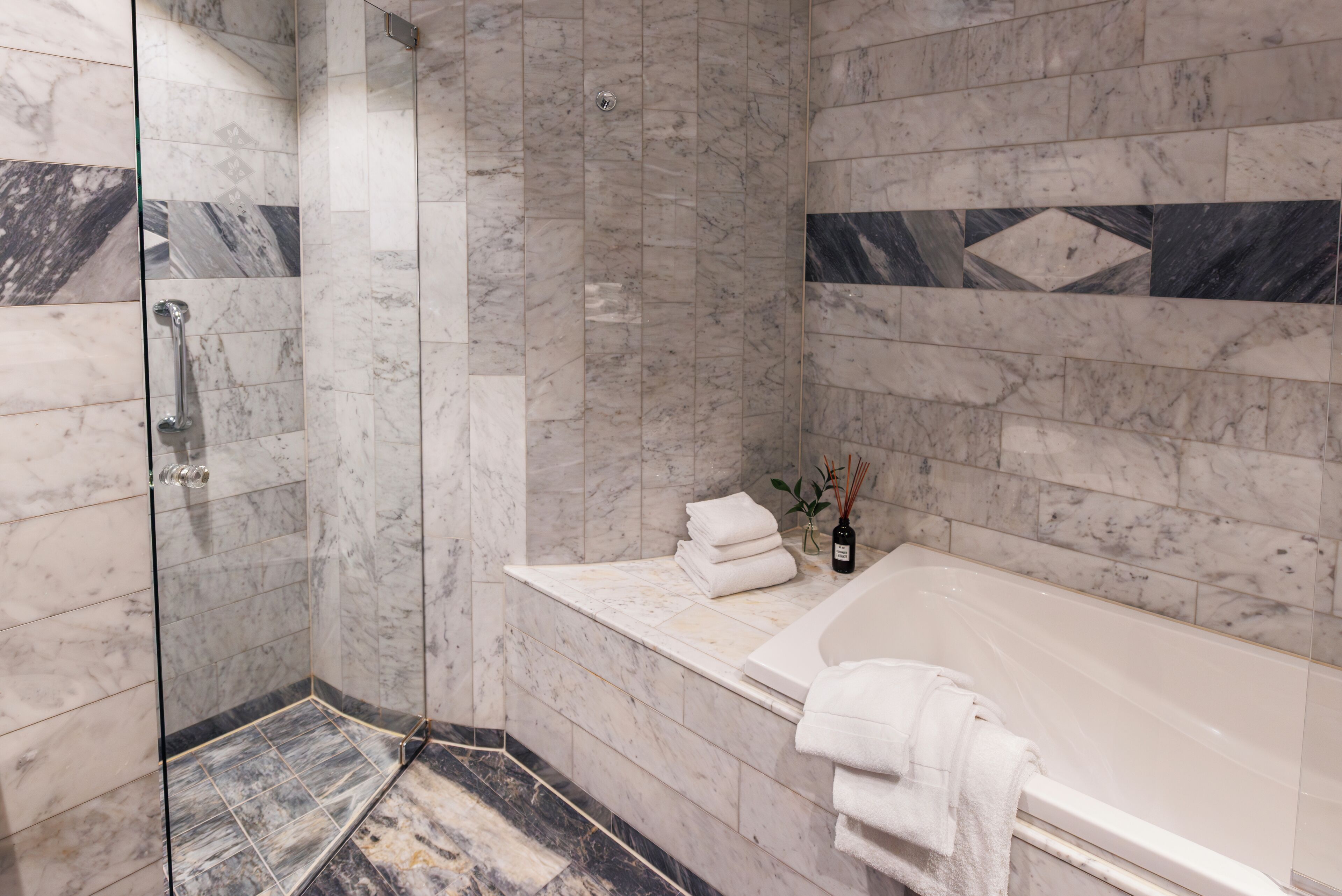The Davidson Suite | Bathroom | Designer toiletries, hair dryer, heated floors, towels