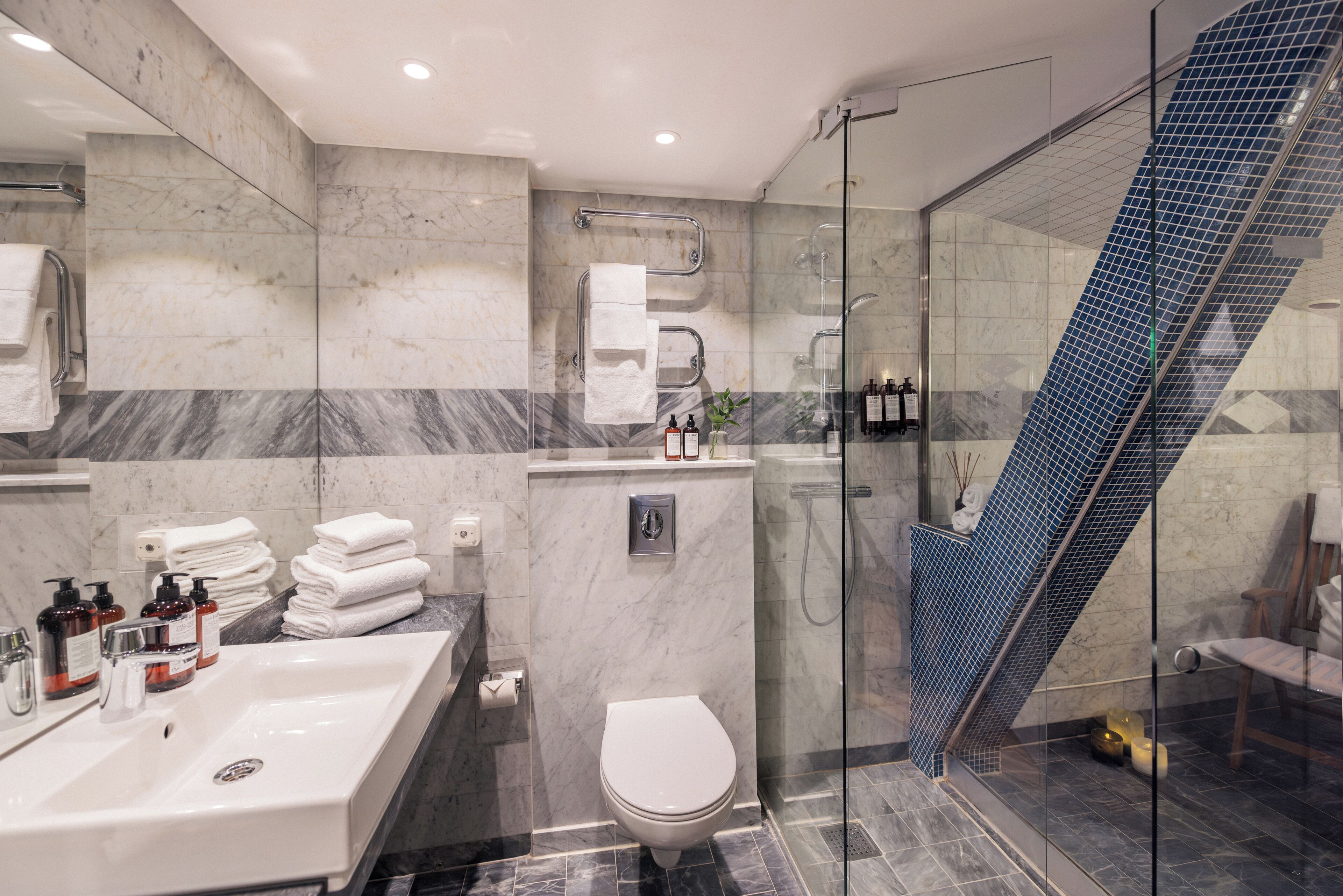 A modern bathroom with a large sink, toilet, and glass shower enclosure.