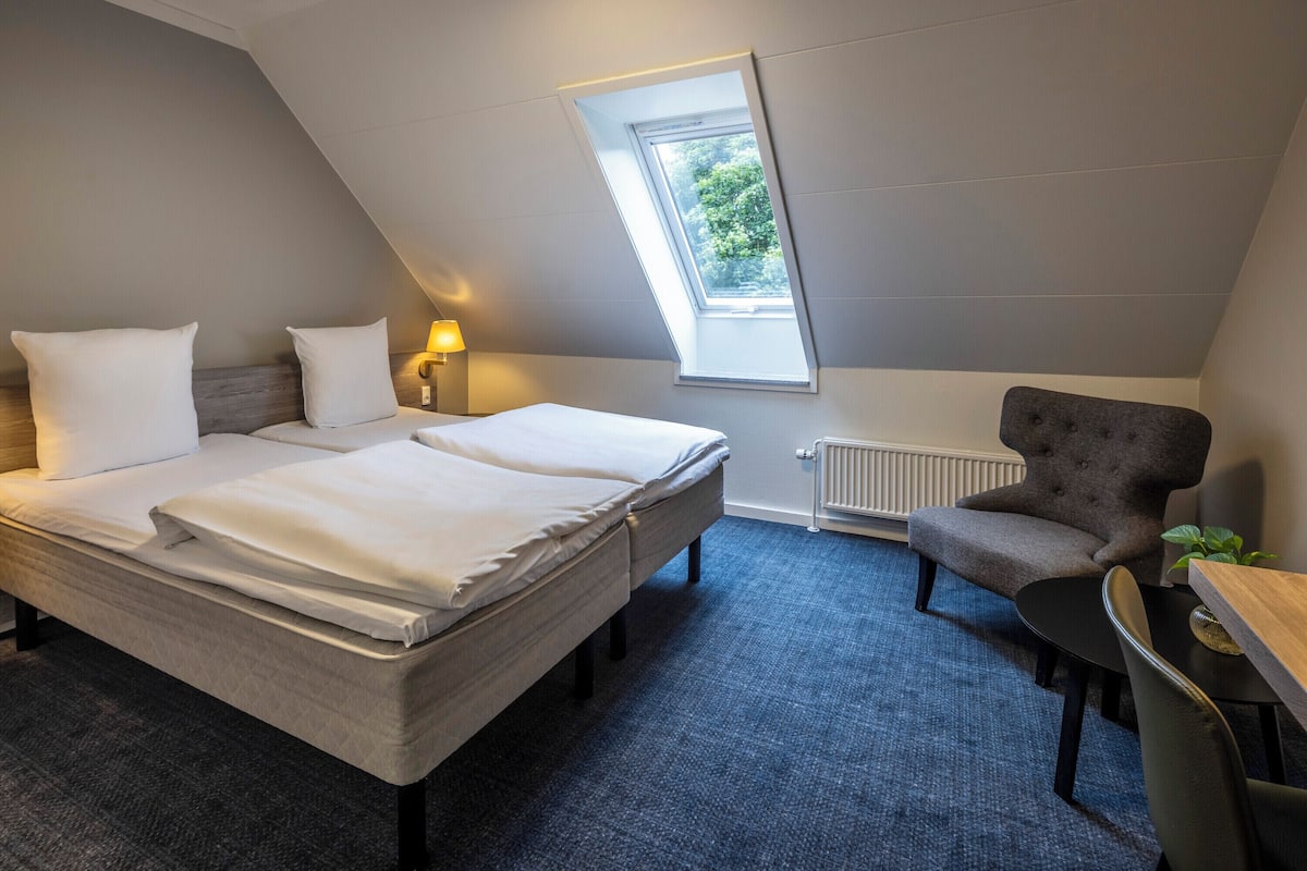 A modern hotel room with a large bed, a desk, a chair, and a skylight.