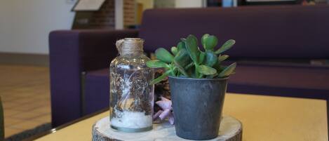 A reception area with a reception desk, a purple couch, and a wooden table with a glass bottle and a potted plant.