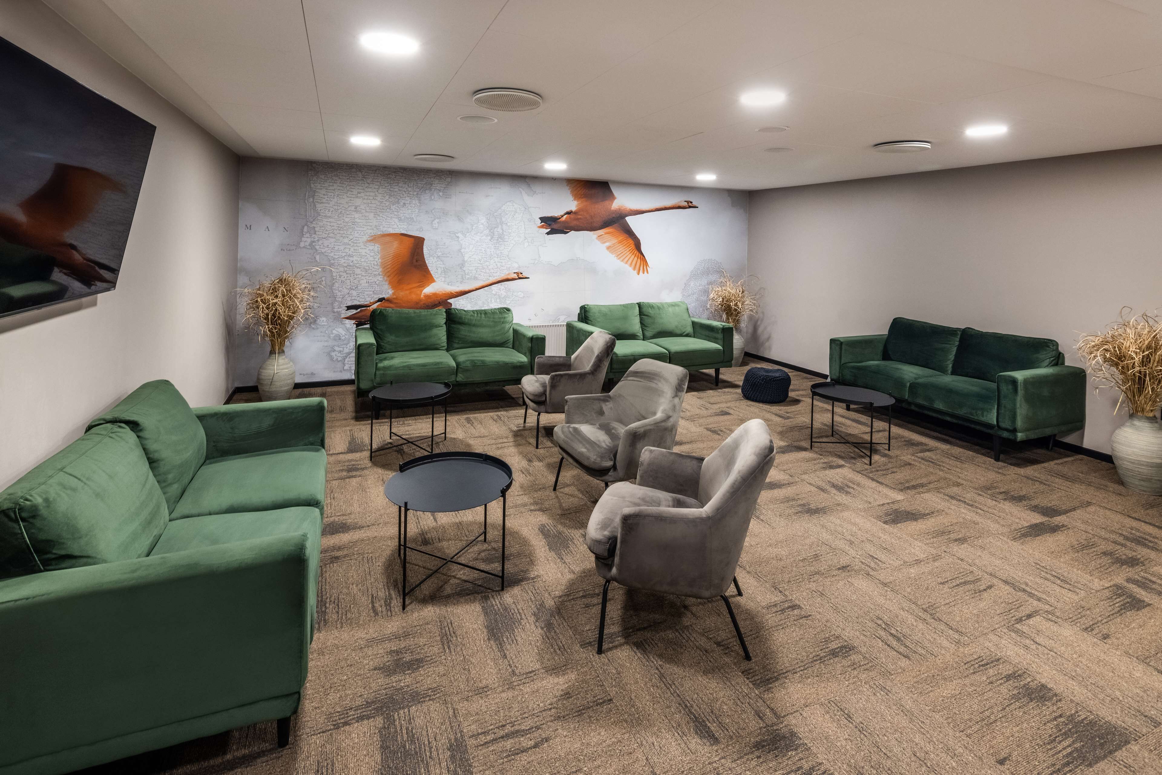 Un área de espera con sofás verdes, sillones y piso alfombrado.