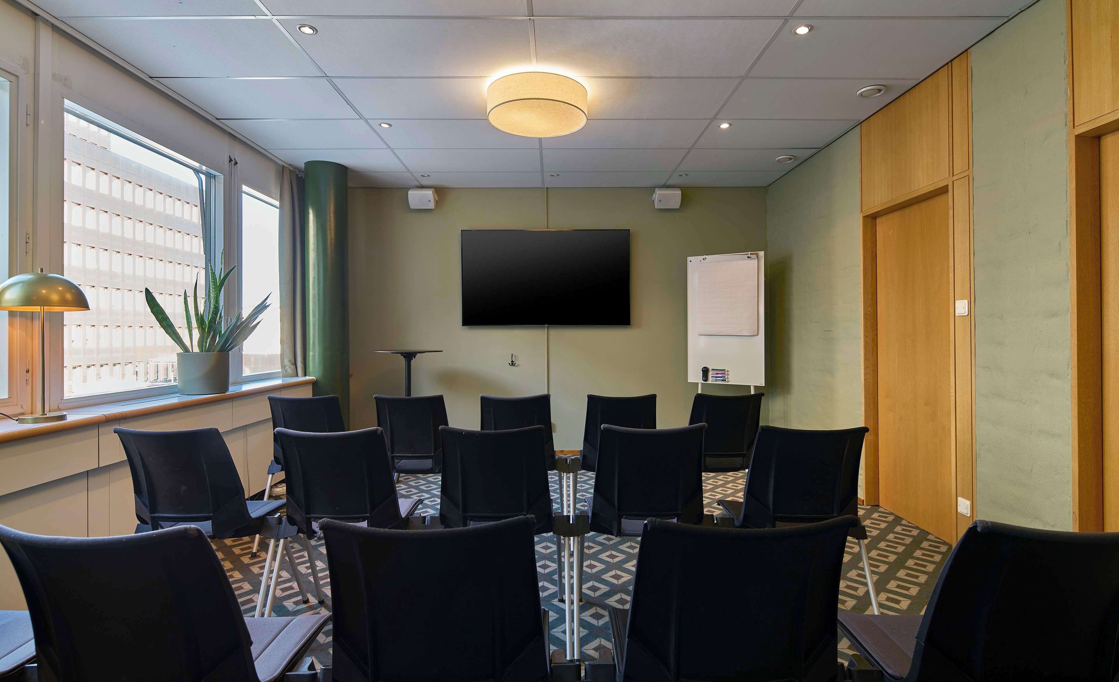 Un salón de conferencias con una pantalla plana grande, una pizarra blanca y una planta en maceta cerca de la ventana.