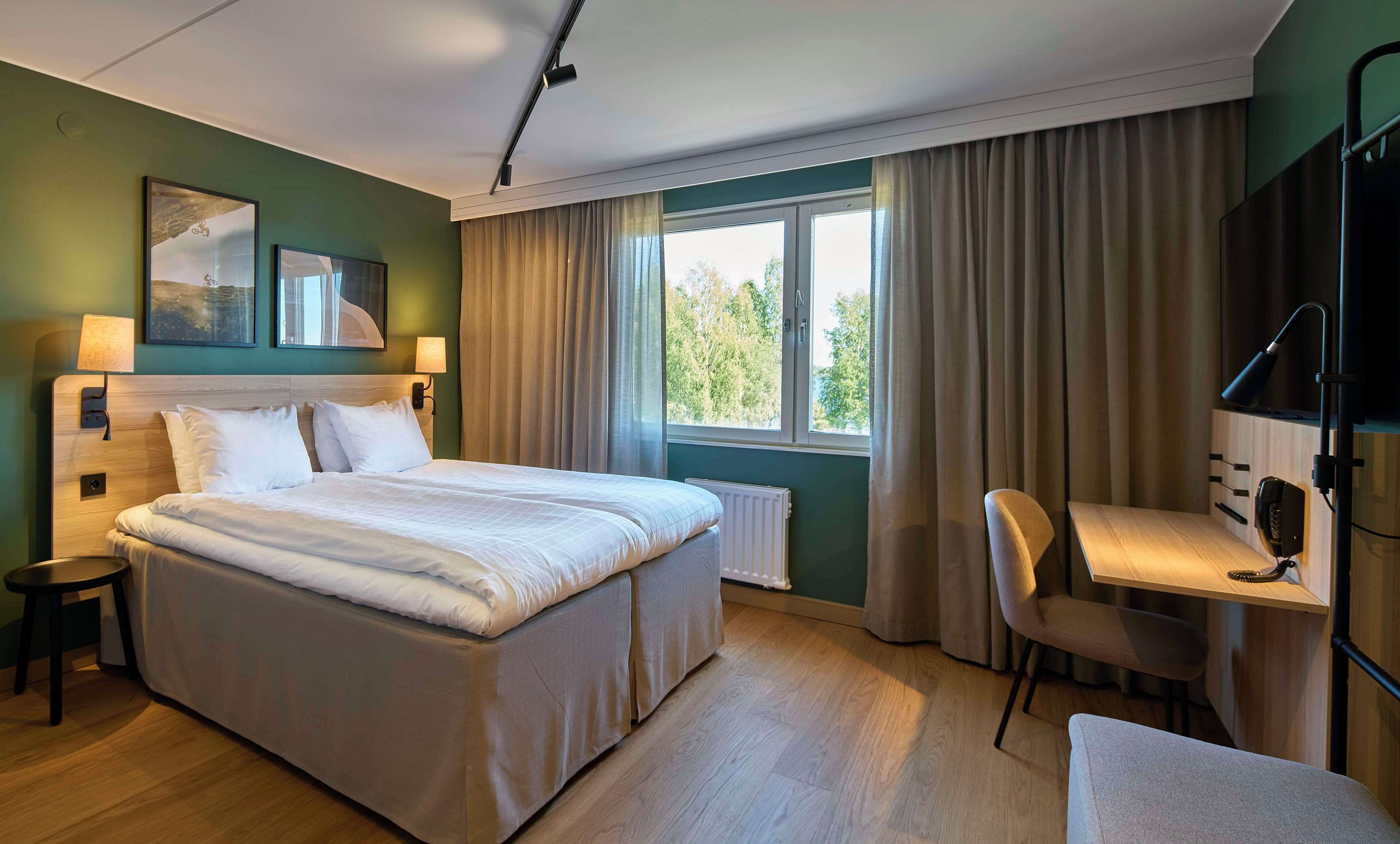 1 bedroom, desk, laptop workspace, blackout curtains