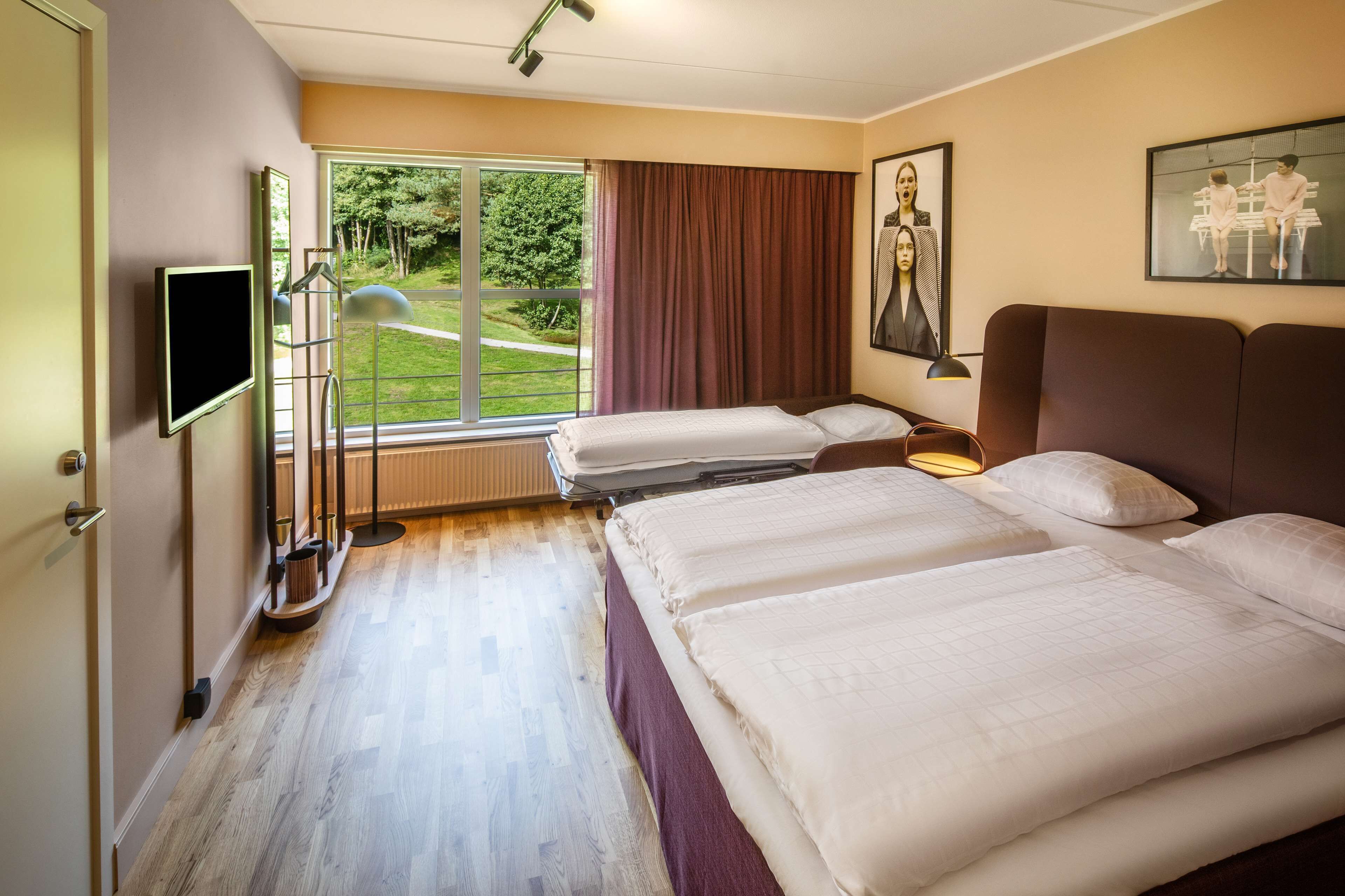 Habitación de hotel con dos camas, un televisor, una ventana con vista a follaje y un cuadro en la pared.
