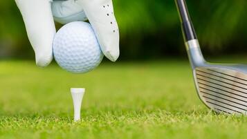 Una pelota de golf sobre un tee, un palo de golf y un guante de golf en un campo de césped.