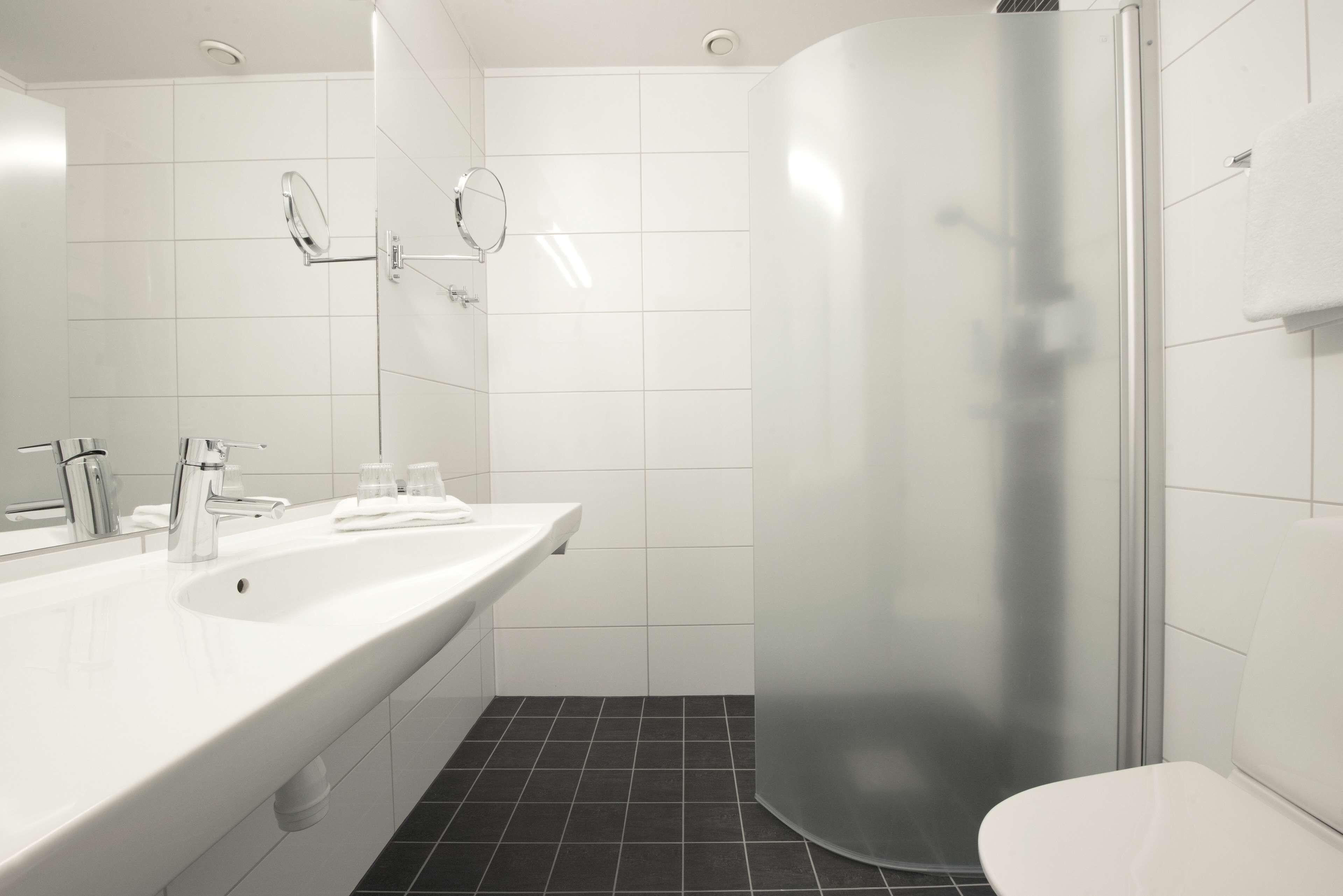 Een moderne badkamer met een witte wastafel, spiegel en douche.