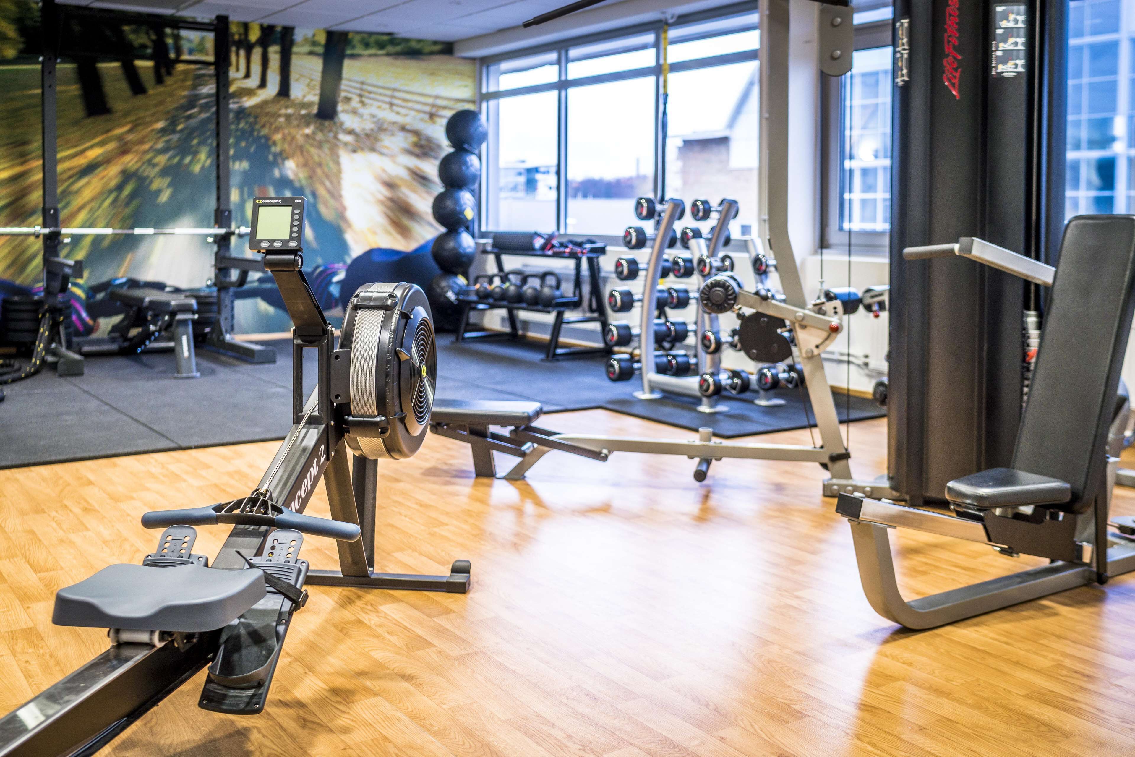 A gym with exercise equipment, a rowing machine, and a weight bench.