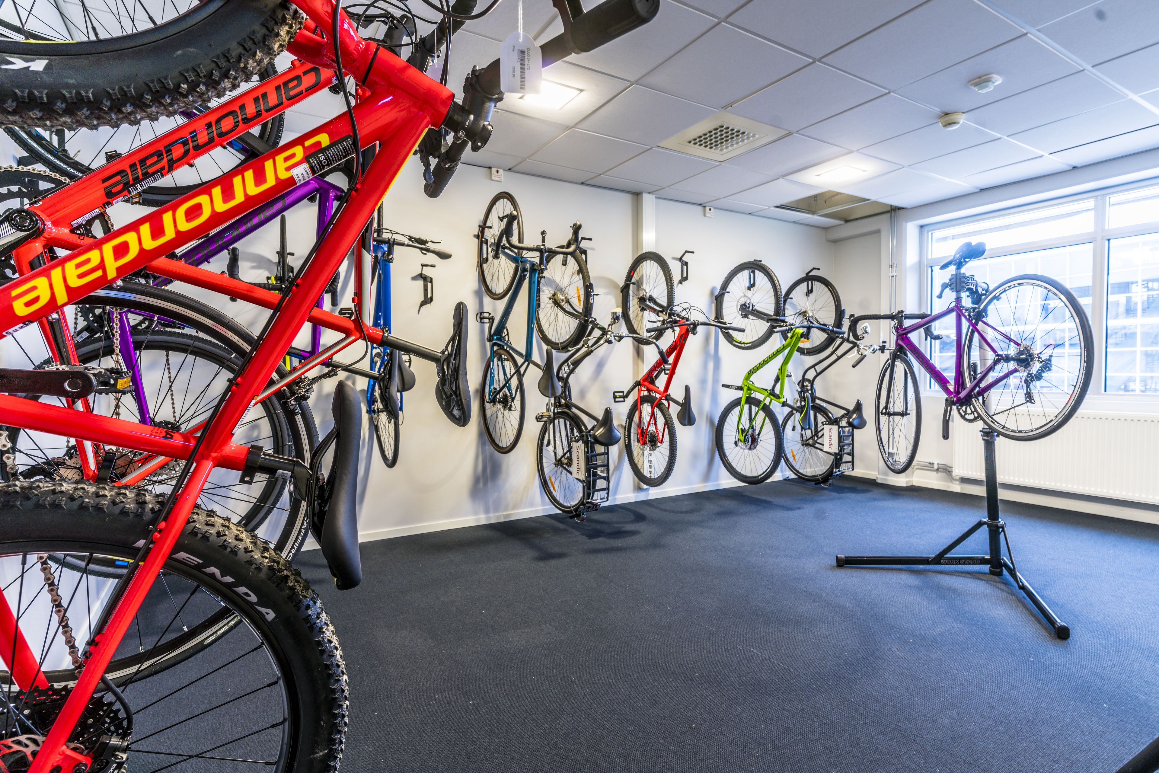 A room with bicycles mounted on the wall and a red bicycle in the foreground.
