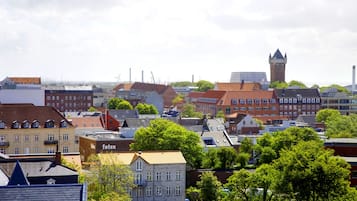 Un paisaje urbano con edificios históricos, una torre destacada y una mezcla de construcciones residenciales y comerciales.