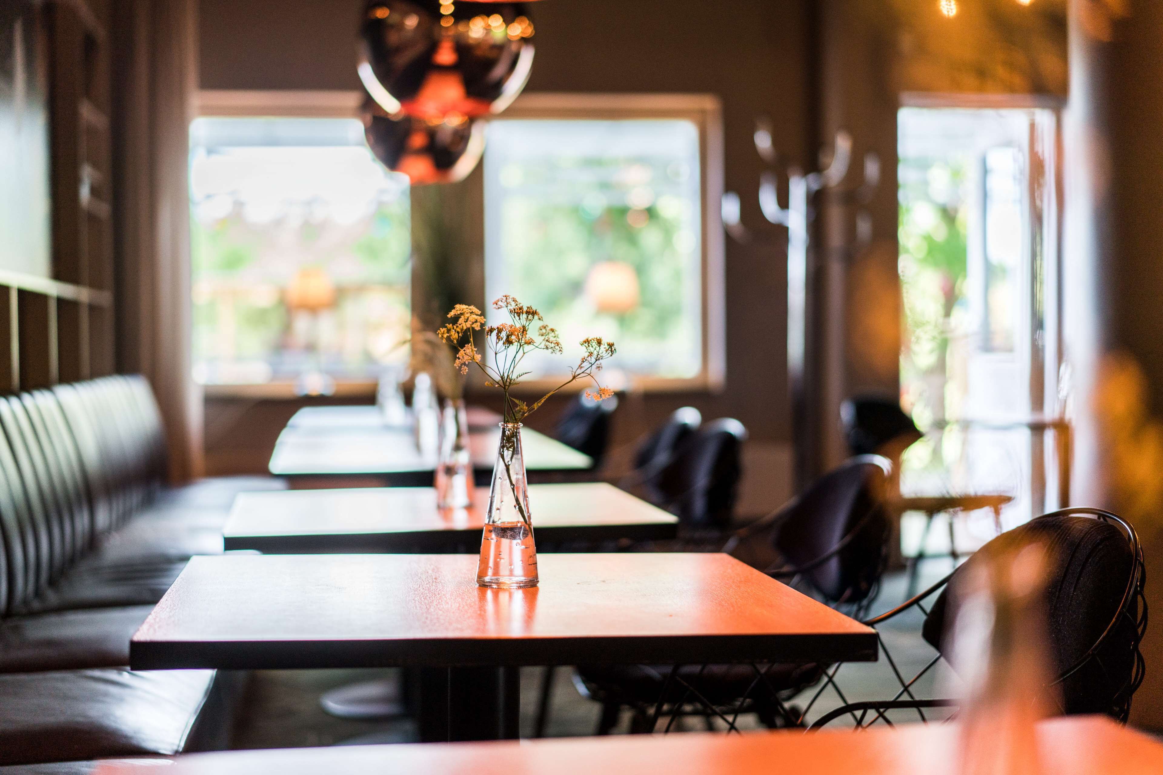 A restaurant interior with long tables and booths, a vase with flowers on one table, and a view of greenery outside.