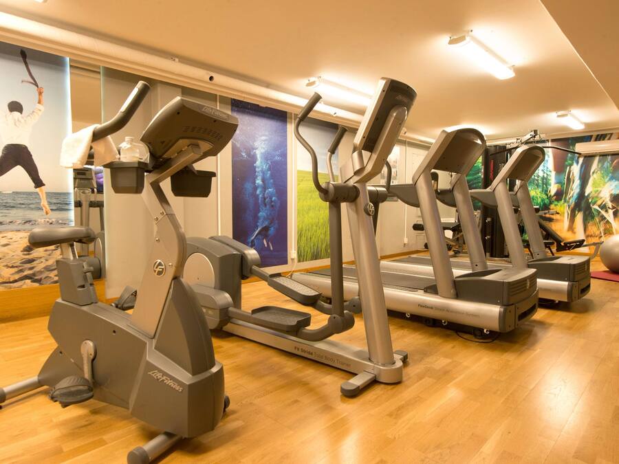 Un gimnasio con cintas de correr, elípticas y una pelota grande de ejercicio.