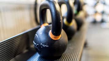A row of black kettlebells with orange accents on a rack.