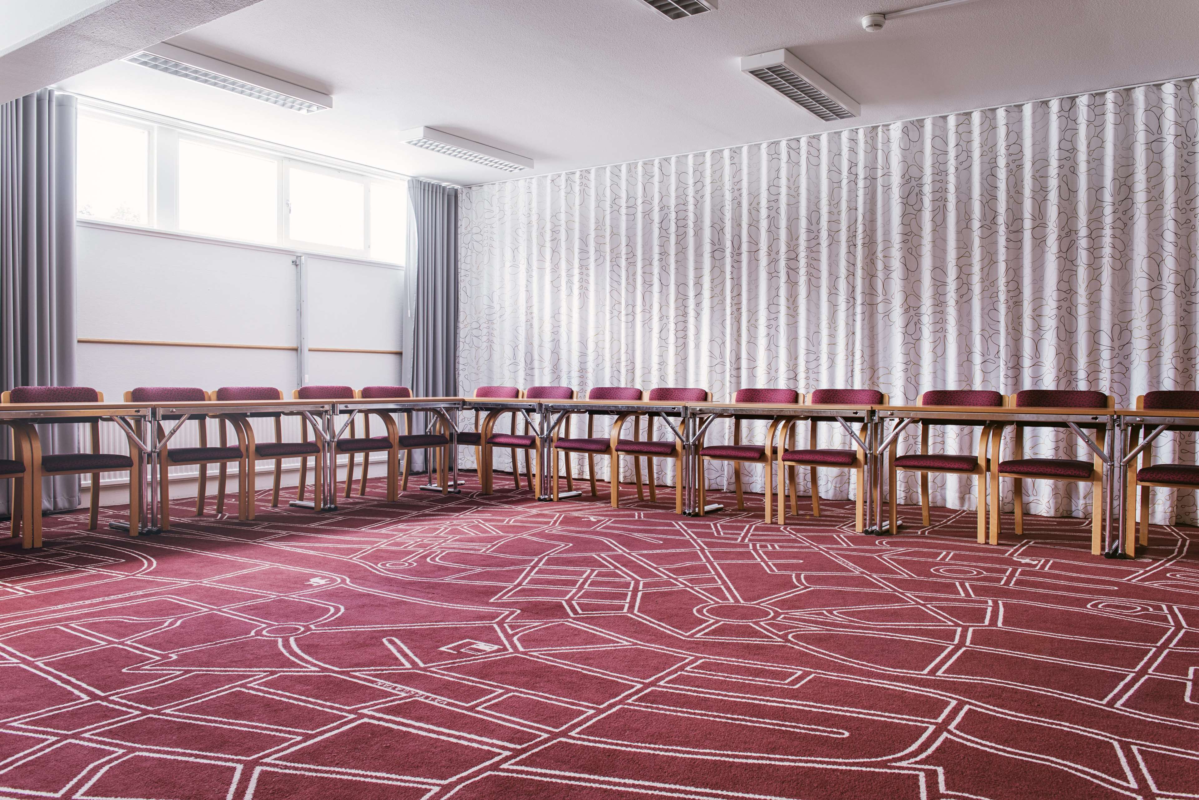 A conference room with a long table, chairs, and a patterned carpet.