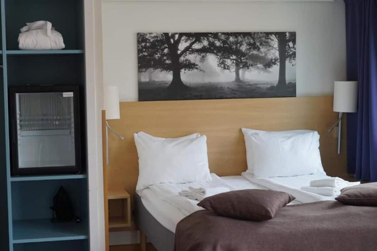 Habitación de hotel con cama, armario, espejo, un cuadro de un árbol y una lámpara.