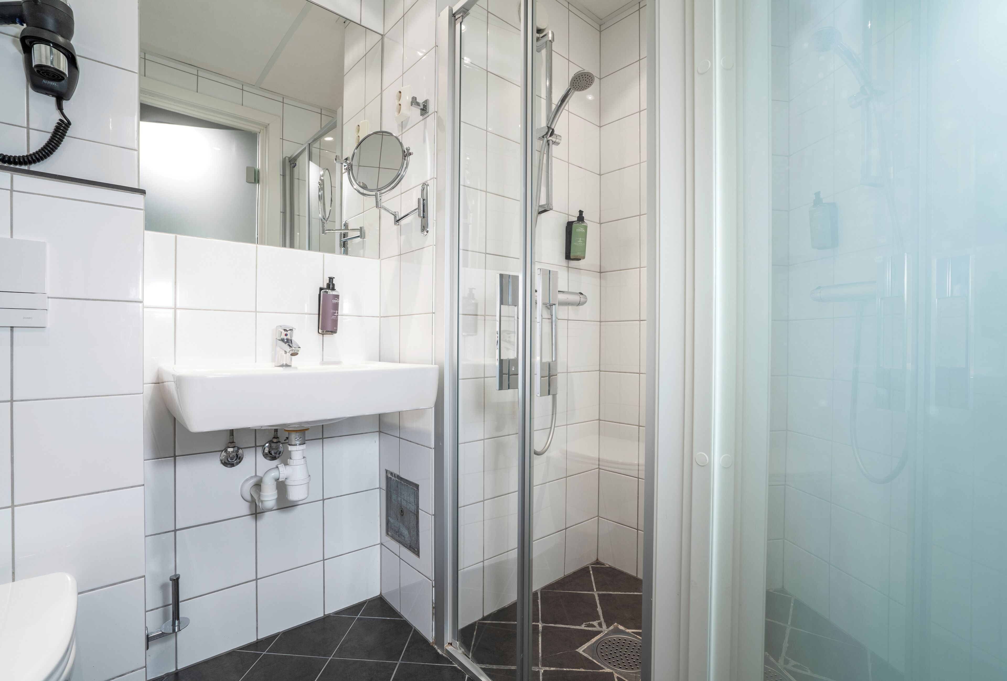 hair dryer, towels, soap, shampoo