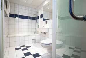 Hair dryer, towels, soap, shampoo