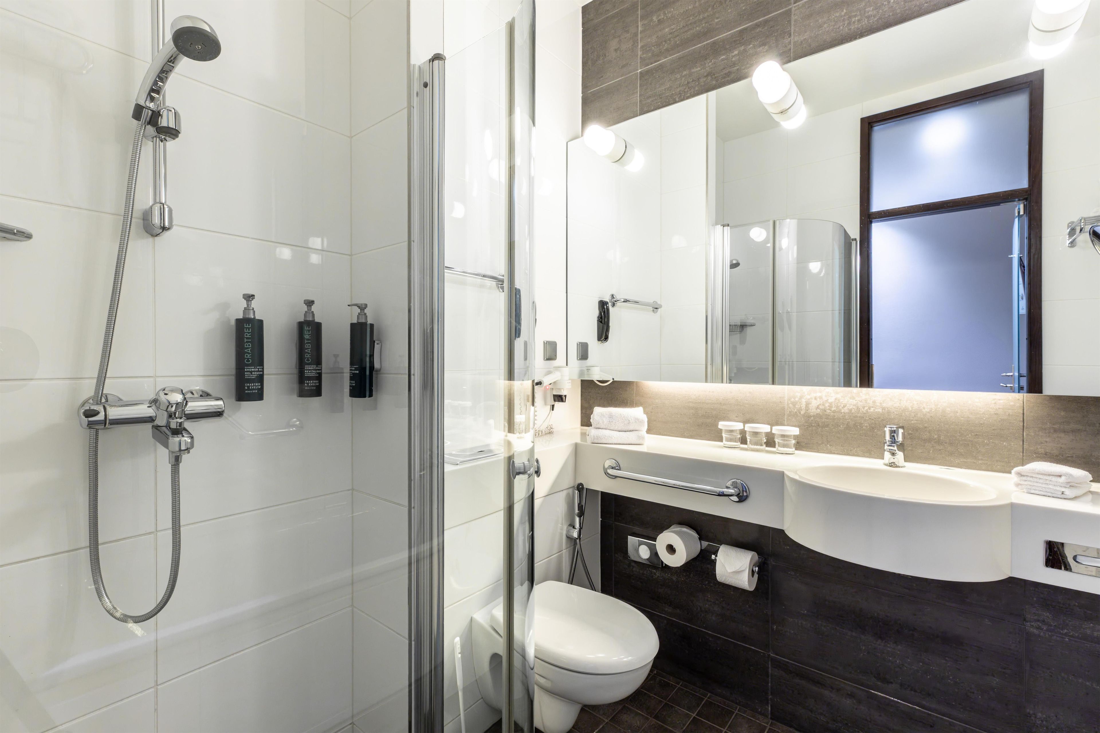 A modern bathroom with a glass-enclosed shower, a toilet, a sink with a vanity, and a mirror above the sink.