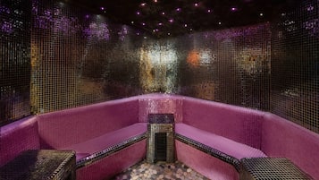 Indoor pool, outdoor pool, pool umbrellas, pool loungers