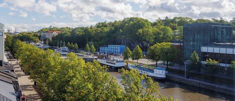 Une vue sur le fleuve, avec des bateaux amarrés le long de la rive, entourés d’arbres et de bâtiments.