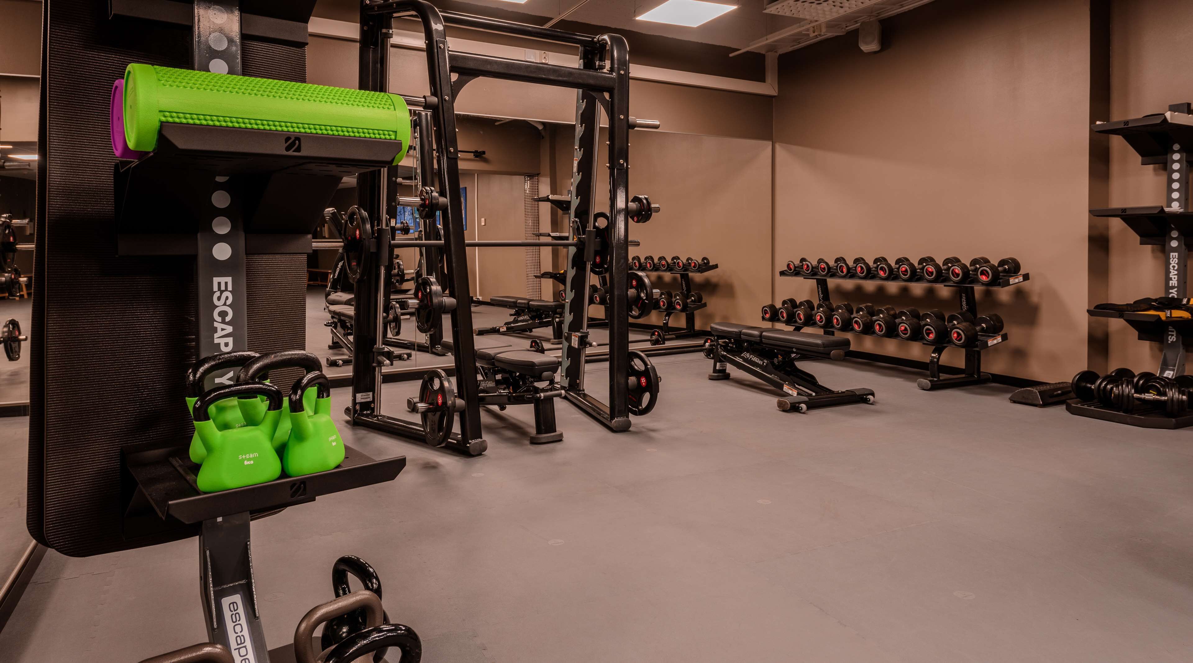 A gym with weightlifting equipment, benches, and dumbbells.