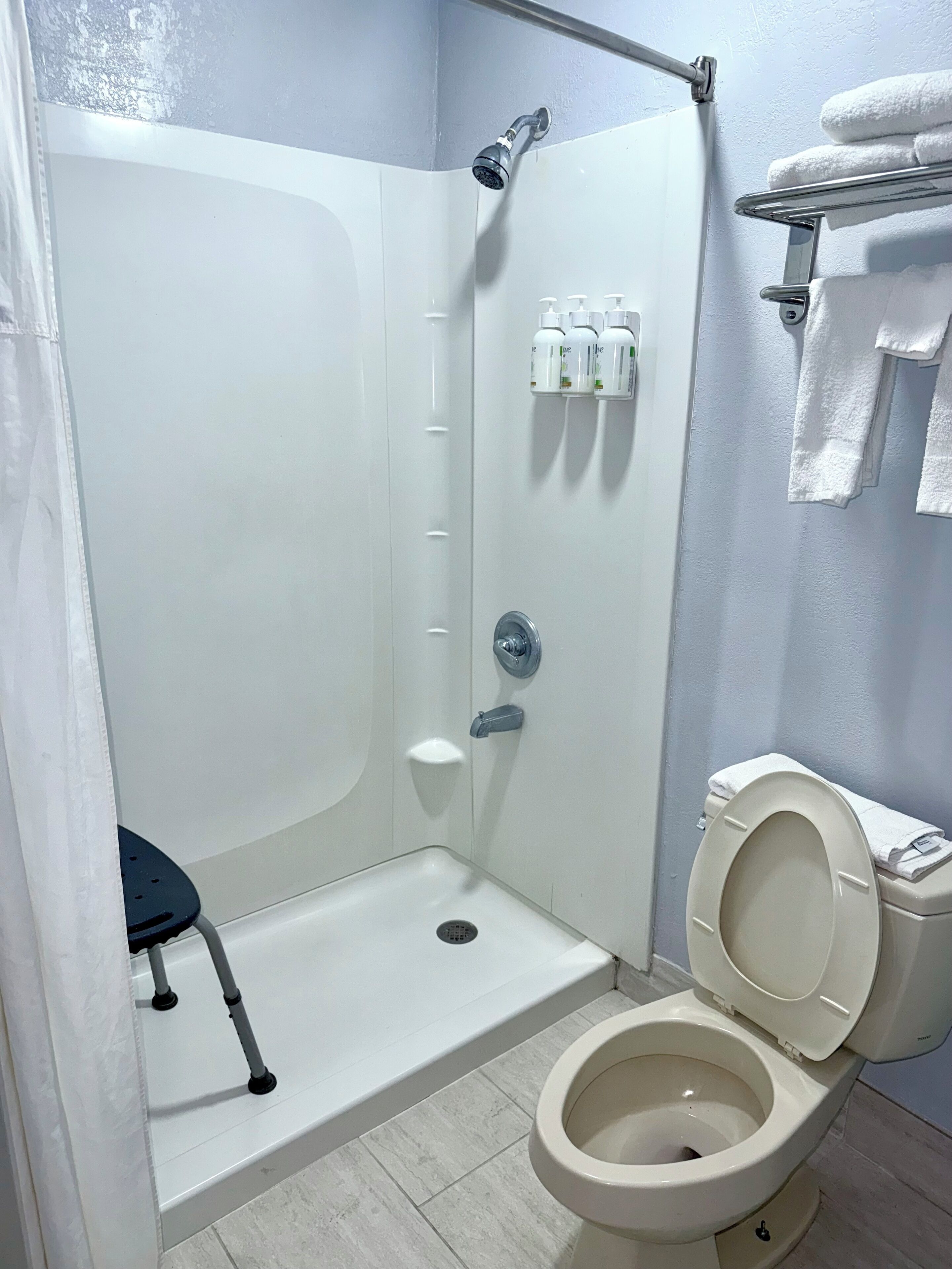 A bathroom with a shower, toilet, and a shelf with toiletries.